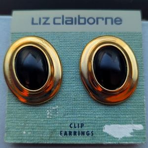 Liz Claiborne Black and Gold Clip-on Earrings Vintage